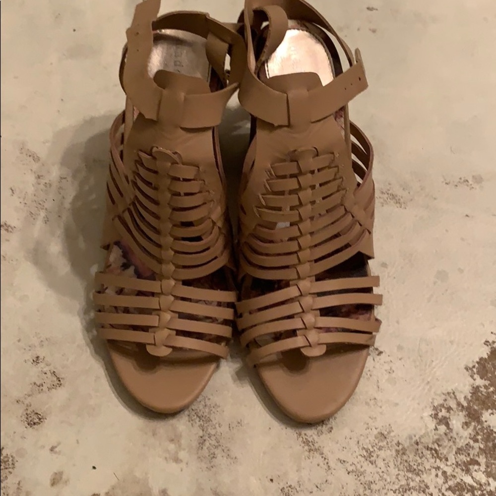 Camel peep toe heels